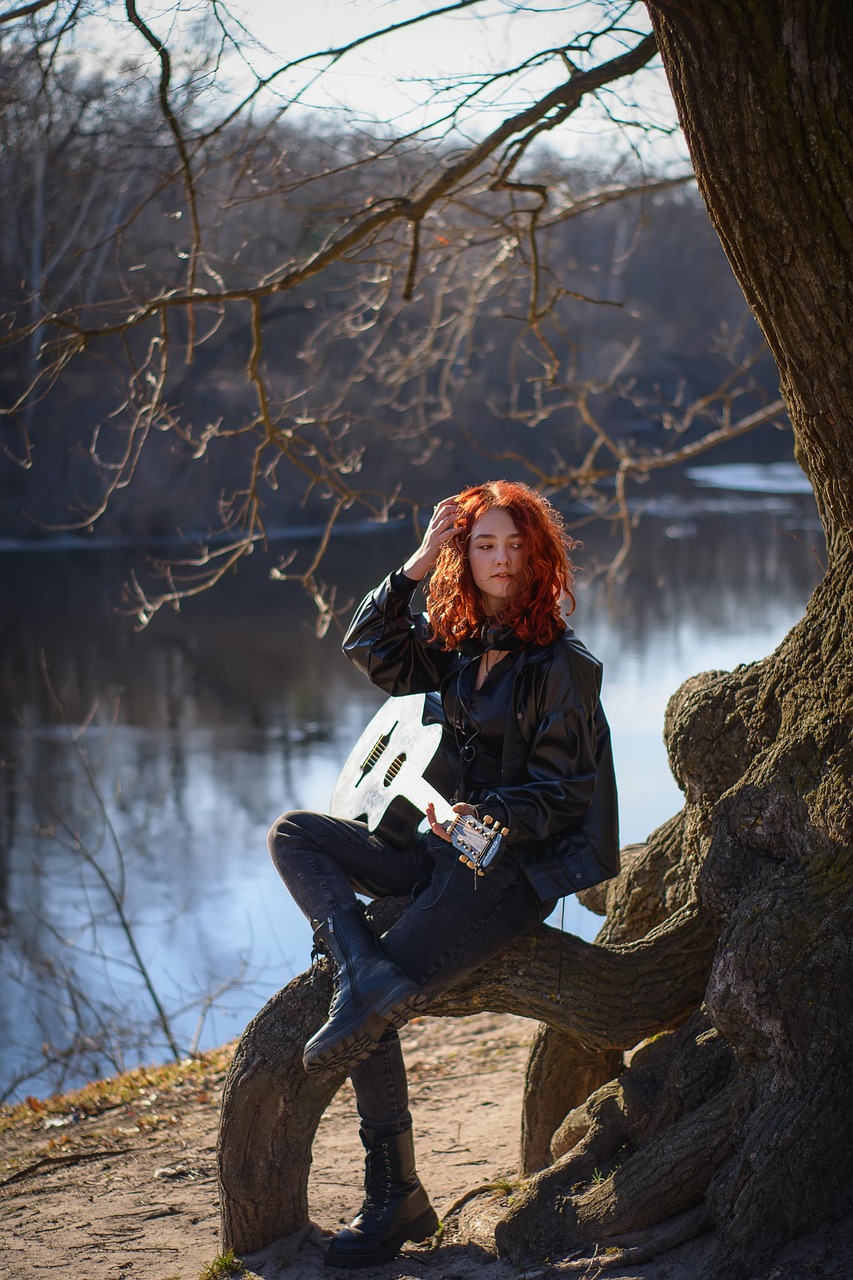 nature, autumn, river, guitar, music, young woman, music, music, music, music, music